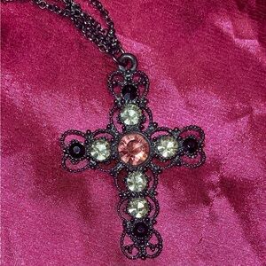 Gothic Black and Pink Cross Multi-Strand Necklace by Express